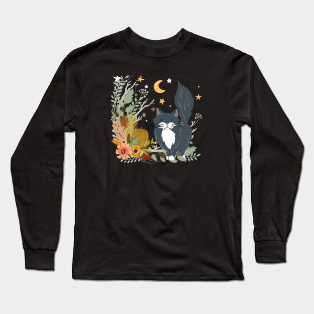 Autumn Garden Moonlit Kitty Cat Long Sleeve T-Shirt by LittleBunnySunshine